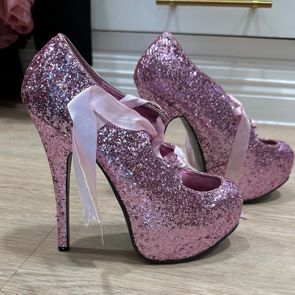 Pink Glitter High Heels with Ribbon